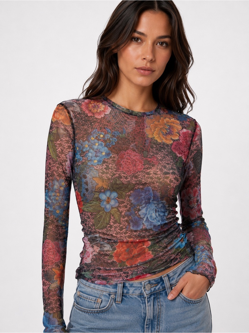 AREA Long-Sleeve Floral Mesh Top MSRP $525